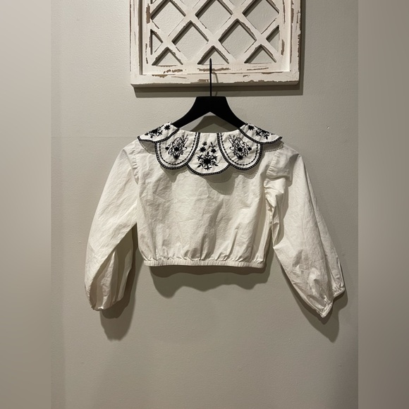 Zara Girls Cropped Button Up Blouse With Embroidered Bib Collar In White Size 8 - Picture 5 of 7